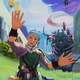 A player waving towards the camera with other VR players in the background on a statue.